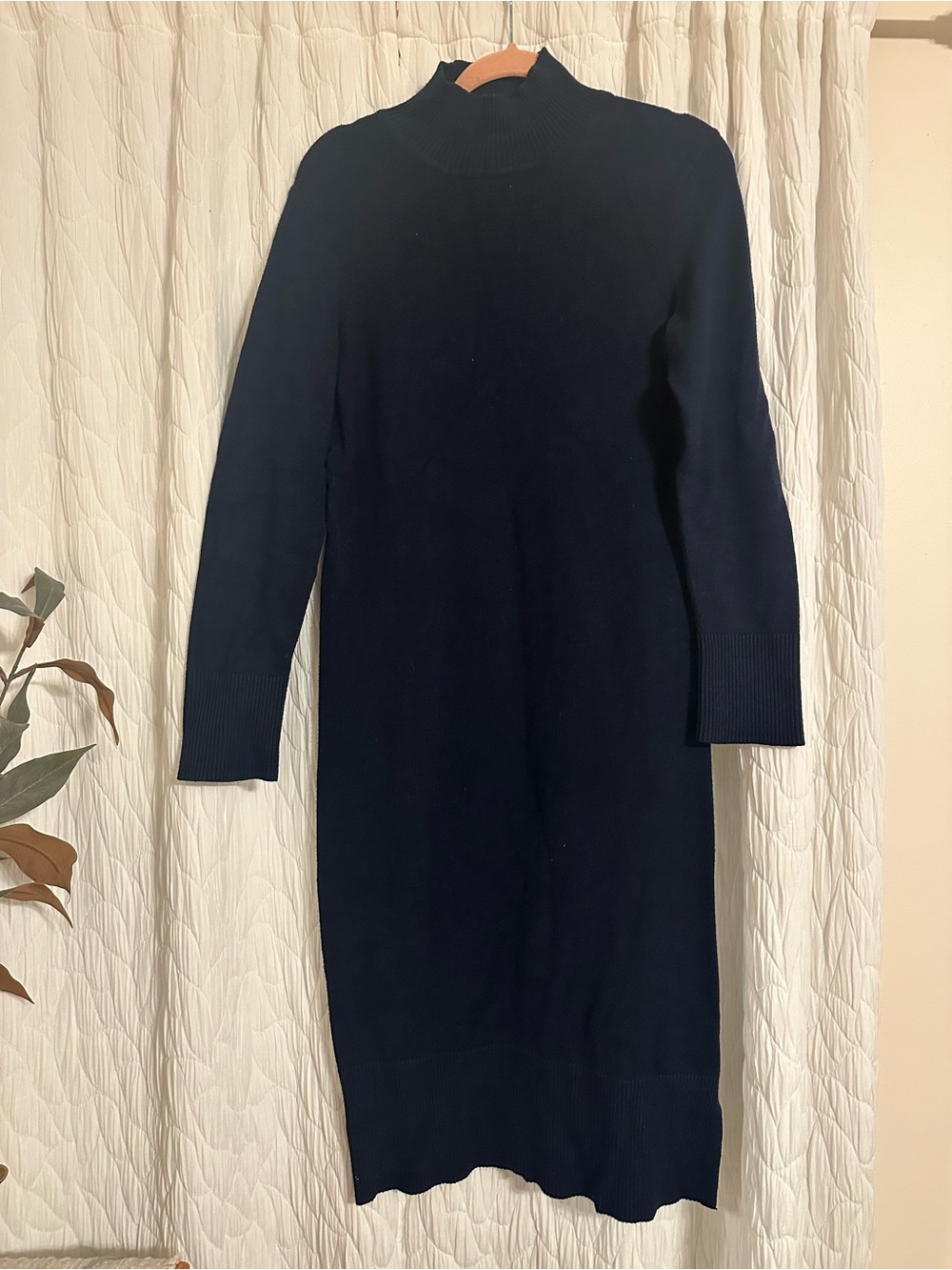Long Sleeve Navy Midi Knit Dress with Mock Neck